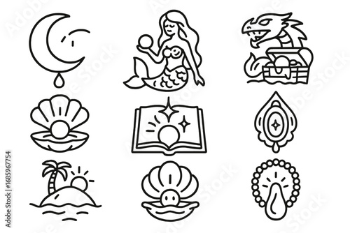 Pearl Myths Icons. Line style icons of pearl myths and legends: tears of moon pearl, mermaid’s pearl, pearl from dragon’s hoard,