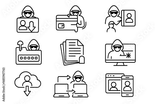 Digital Theft Icons. Line style icons of digital theft via hacking: ID file steal, credit card snatch, contact list dump, account