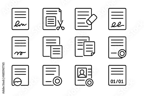 Forgery Techniques Icons. Line style icons of forgery techniques: altered signature, cut-and-paste form, document erasure,