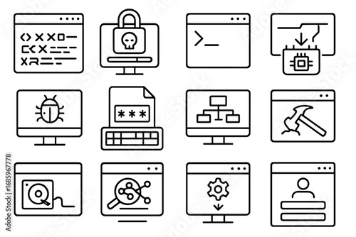 Hacking Software Icons. Line style icons of hacking software: malware code window, ransomware dashboard, terminal script run,