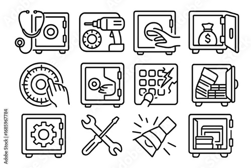 Safe Cracking Icons. Line style icons of safe cracking: stethoscope on safe, drill in lock, code wheel turned, safe door ajar;