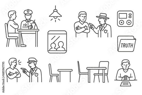 Police Interrogation Icons. Line style icons of police interrogation: suspect at table, officer with notepad, overhead lamp,