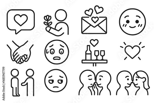 Romantic Icons Set. Line style icons of romantic confessions: heart in speech bubble, person giving flowers, letter with hearts,