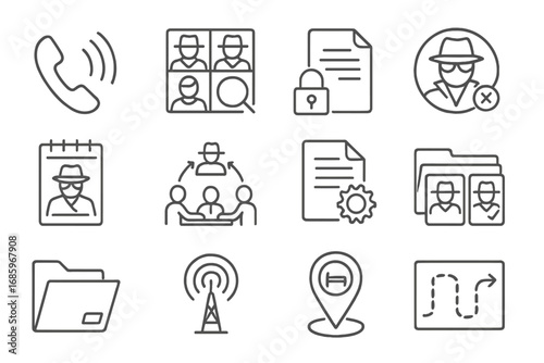 Espionage Investigation Icons. Line style icons of espionage investigation: wiretap alert, agent photo grid, encrypted file icon,