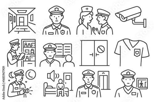 Hospital Security Icons. Line style icons of hospital patrol: hallway view icon, officer with med badge, nurse conversation, entry