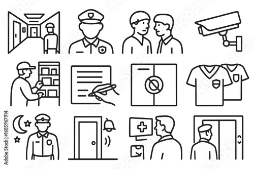 Hospital Security Icons. Line style icons of hospital patrol: hallway view icon, officer with med badge, nurse conversation, entry