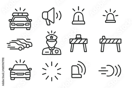 Police Siren Icons. Line style icons of police sirens: lightbar on patrol car, siren speaker, blue and red flash, car roof beacon;