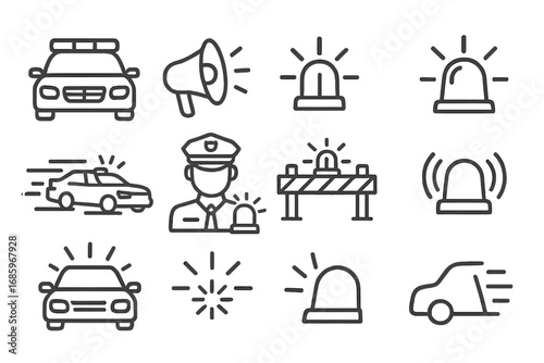 Police Siren Icons. Line style icons of police sirens: lightbar on patrol car, siren speaker, blue and red flash, car roof beacon;