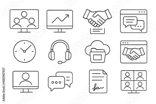 Online Mediation Icons. Line style icons of online mediation: video call with three people, shared screen icon, digital document