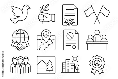 Peace Resolution Icons. Line style icons of peace resolutions: white dove icon, olive branch held, signed treaty file, two flags