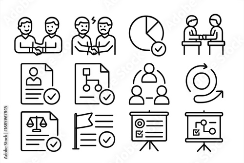 Startup Icons Collection. Line style icons of startup resolutions: founder agreement icon, cofounder conflict solved, equity