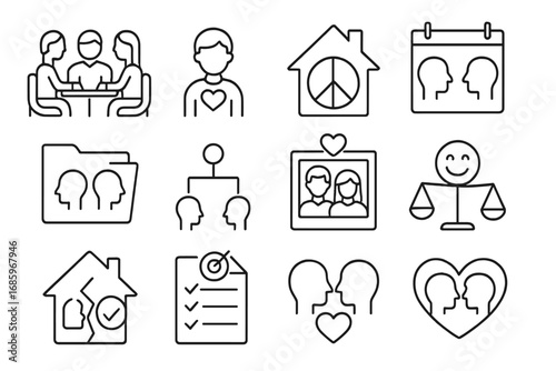 Family Mediation Icons. Line style icons of family mediation: couple and mediator, child icon with heart, house with peace sign,