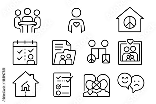 Family Mediation Icons. Line style icons of family mediation: couple and mediator, child icon with heart, house with peace sign,