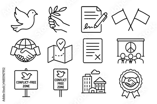Peace Resolution Icons. Line style icons of peace resolutions: white dove icon, olive branch held, signed treaty file, two flags