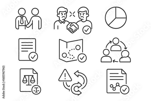Startup Icons Collection. Line style icons of startup resolutions: founder agreement icon, cofounder conflict solved, equity