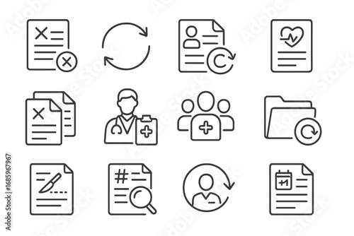 Medical Appeals Icons. Line style icons of medical appeals: denied treatment plan icon, resubmitted request symbol, patient file