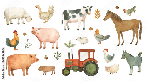 Watercolor Farm Animals and Tractor Illustration Set.