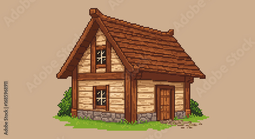 Vector Pixel Art Illustration of Wooden House
