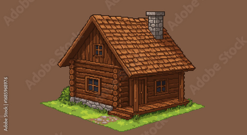Vector Pixel Art Illustration of Wooden House