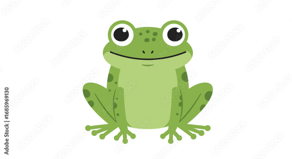 Obraz premium Vector Image of Cute Bright Green Cartoon Frog with Big Eyes Wide Mouth and Long Legs Isolated Illustration for Kids Print Mascot