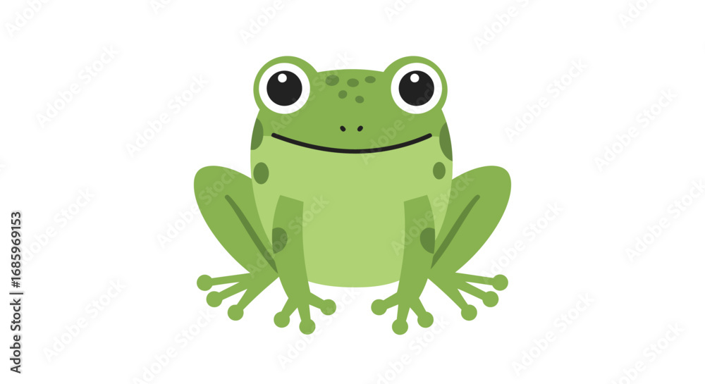 Obraz premium Vector Image of Cute Bright Green Cartoon Frog with Big Eyes Wide Mouth and Long Legs Isolated Illustration for Kids Print Mascot
