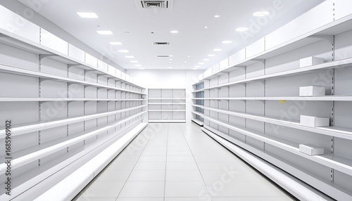 Wide perspective of a retail space with empty shelves and bright overhead lighting