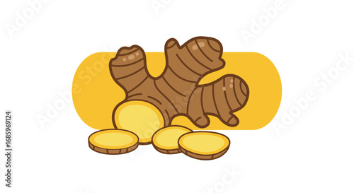 Vector Logo of Ginger Root Fresh Brown Asian Plant with Yellow Title Text Label for Healthy Drink and Organic Food Poster