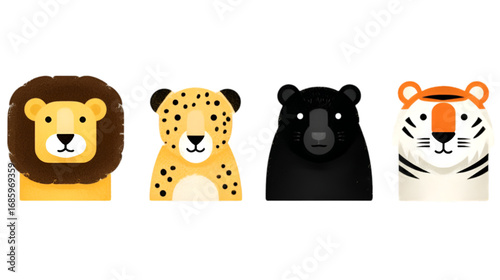 Set of four stylized wild animal heads illustration.
