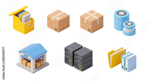 3d clay icon set of collection of isometric icons representing data storage, logistics, and office organization, isolated on a transparent background.