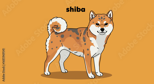Vector Illustration of Shiba Inu Dog Breed with Black Line Art, Gray Spots, Silhouette and Inscription Design