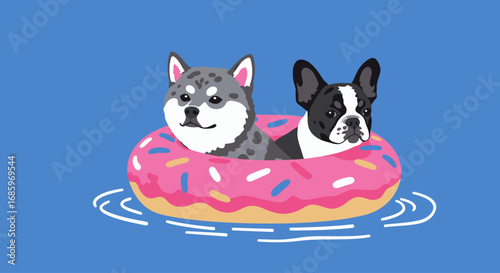Hand Drawn Vector Portrait of French Bulldog Dog Swimming in Donut Float Summer Pool Party Illustration for T-Shirt Poster and Holiday Postcard