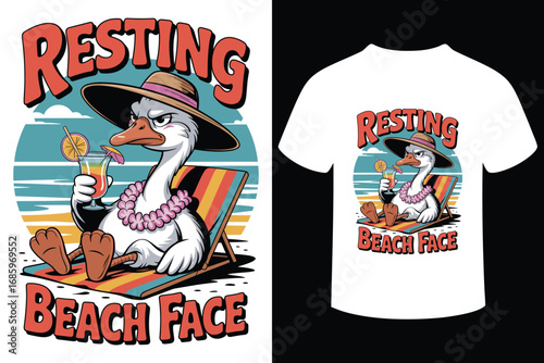 Funny cartoon goose wearing a hat and lei relaxing on a beach chair with a drink