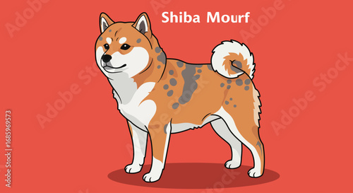 Vector Illustration of Shiba Inu Dog Breed with Black Line Art, Gray Spots, Silhouette and Inscription Design