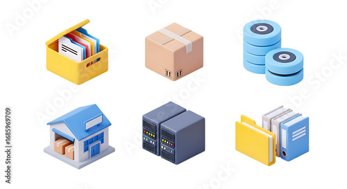 3d clay style icon of a collection of isometric icons representing data storage, logistics, and office organization, isolated on a transparent background
