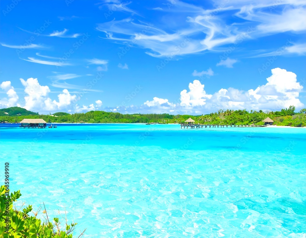 Fototapeta premium Tranquil turquoise lagoon with tropical huts