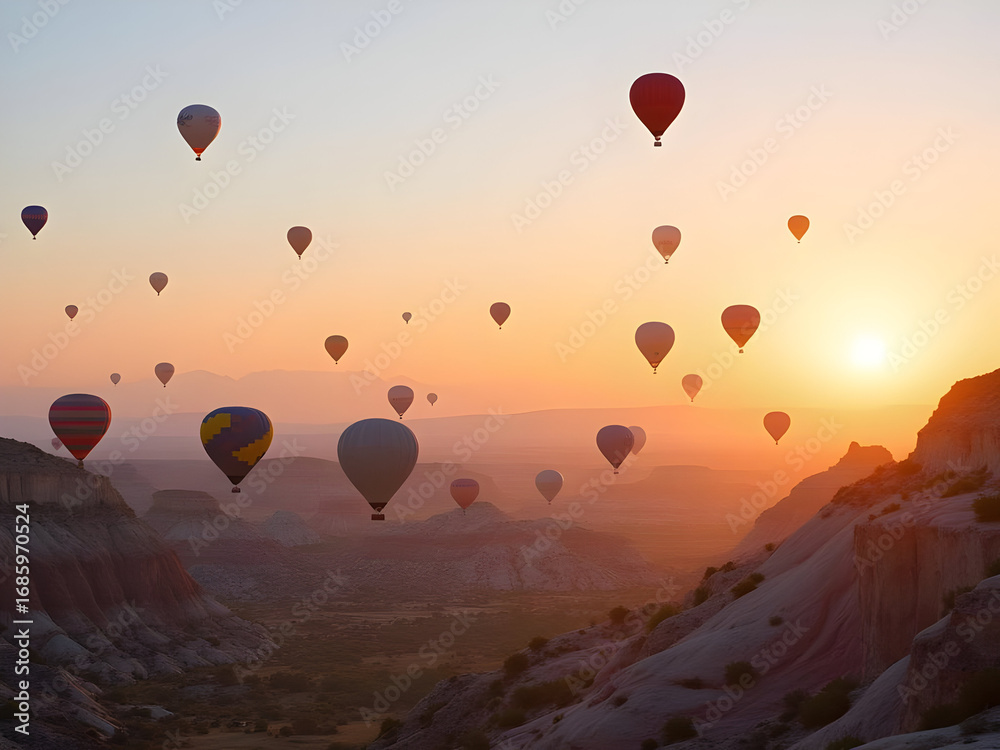 Naklejka premium hot air balloons at sunset
