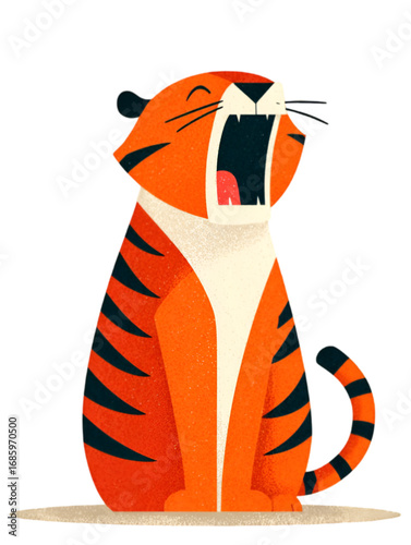 Cute cartoon tiger sitting and yawning with its mouth wide open.
