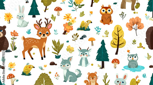 Seamless Pattern with Cute Cartoon Woodland Animals.
