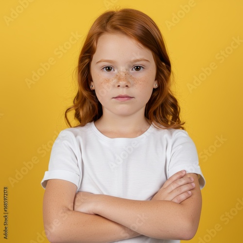 7-year-old red-haired Brazilian girl with freckles, looking directly at the camera with a serious and focused expression, arms crossed, wearing a simple white T-shirt, yellow background generated by i