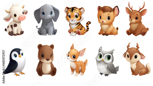 Set of Ten Cute Cartoon Baby Animals Isolated.