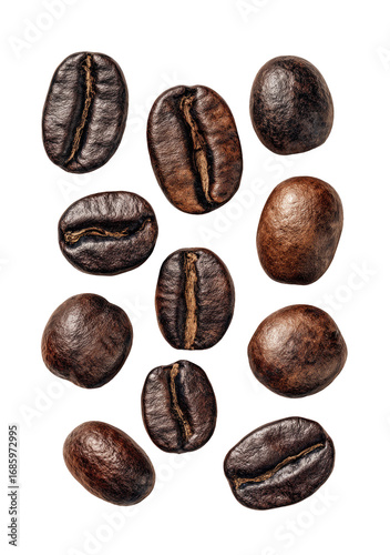 Close-up of roasted coffee beans, arranged in a grid pattern.  Dark brown, textured, and oval-shaped