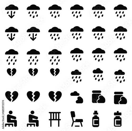 Collection of icons representing rain, broken hearts, and medication, symbolizing sadness, heartbreak, and emotional distress