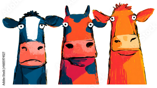 A whimsical illustration of three colorful cartoon cows.