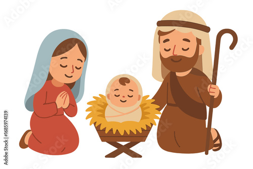 of a flat cartoon depiction of the nativity scene featuring Mary, Joseph, and the child on a white background