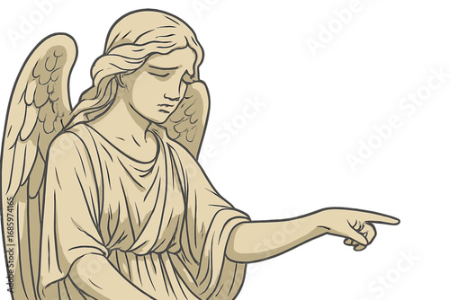 A sorrowful, beautiful angel points a finger at an empty drafting space, while an ancient marble statue stands nearby