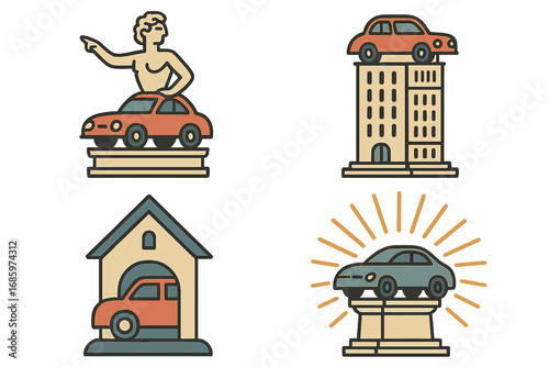 Sculptures, architecture, and other works of art—unique artistic expressions—relate to cars, statues, models, buildings, houses, and patterns