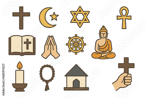 A set of religious vector icons depicting faith, spirituality, and worship symbols for diverse occasions