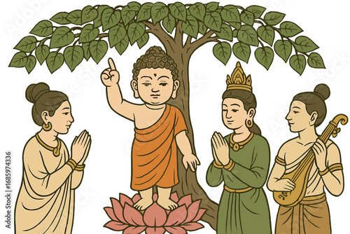 A grand baby Buddha statue is encircled by elegant attendant figures beneath a leafy temple tree backdrop