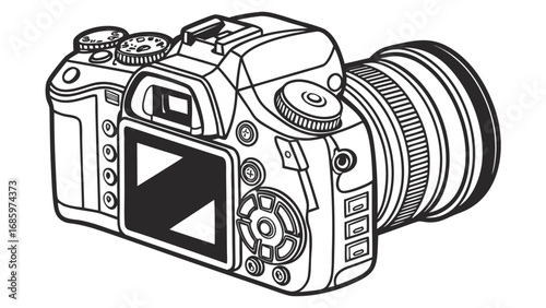 Illustration of a digital single lens reflex camera with a lens attachment in black and white created with generated ai