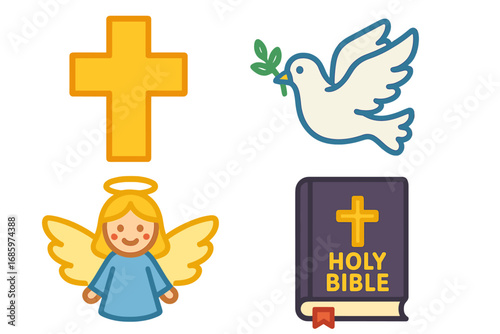 Vibrant religious symbols rendered as flat vector mini-illustrations in bright colors for children's art: cross, dove, angel